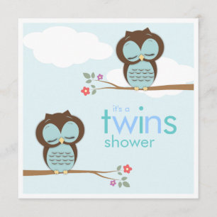 Invitation Baby shower de garçon Chouettes douces jumelles