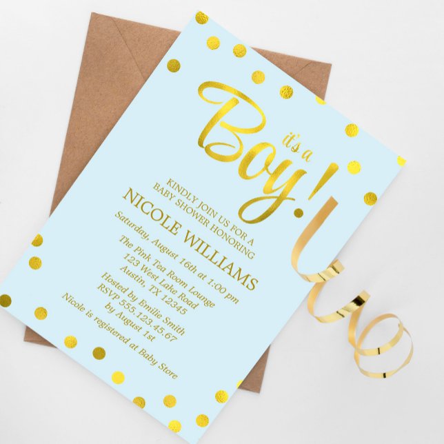 Invitation Baby shower de garçon Confetti Blue et Faux Gold (Créateur téléchargé)