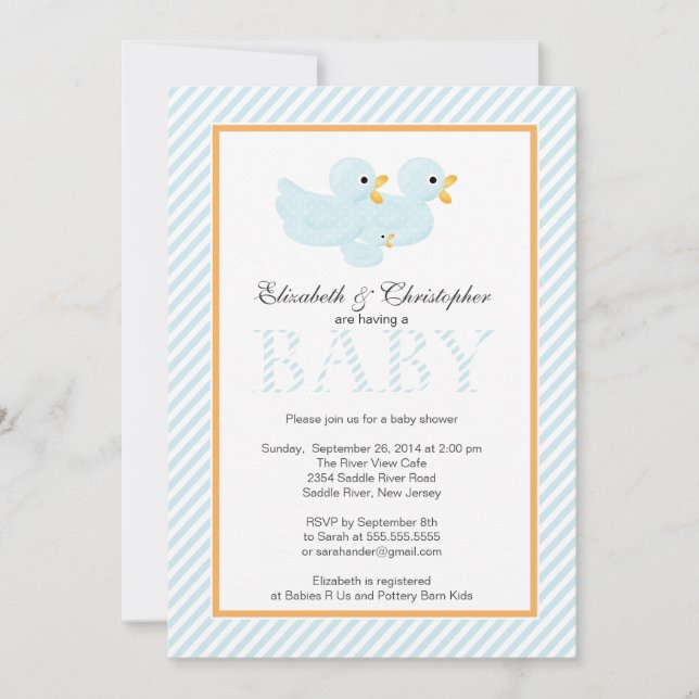 Invitation Baby shower de garçon couple de canards bleus mode (Devant)