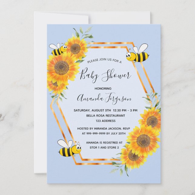 Invitation Baby shower de garçon d'abeilles bleues Sunflowers (Devant)