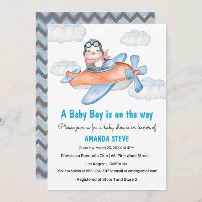 Invitation Baby shower de garçon d'avion Blue Peng (Devant / Derrière)