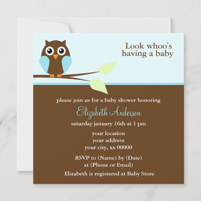 Invitation Baby shower de garçon de chouette (Devant)