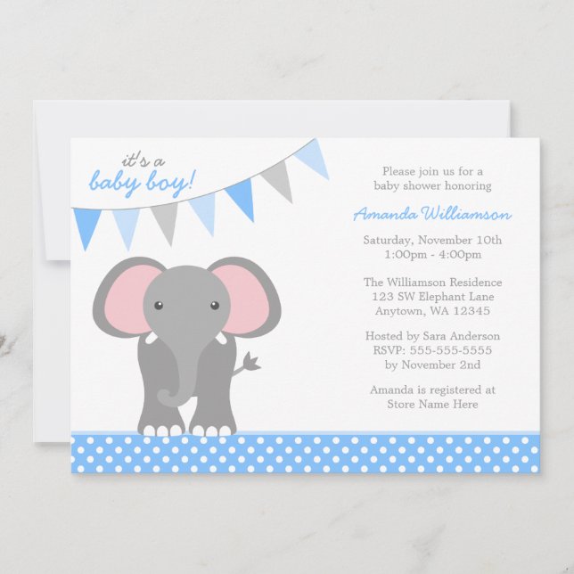 Invitation Baby shower de garçon de la bannière Elephant Blue (Devant)
