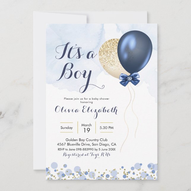 Invitation Baby shower de garçon de la marine Blue et Gold Ba (Devant)