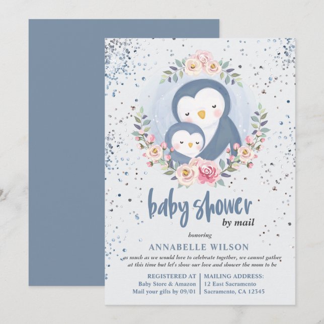Invitation Baby shower de garçon de pingouin par courrier (Devant / Derrière)