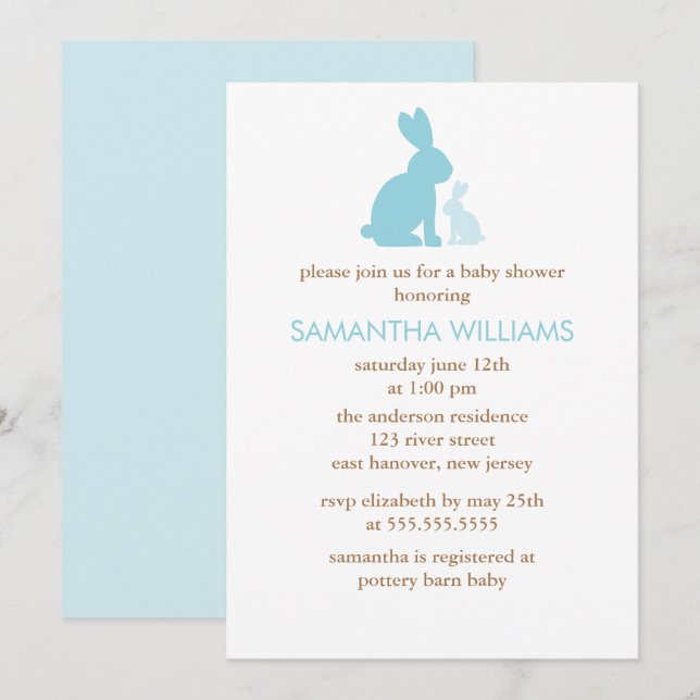 Invitation Baby shower de garçon des lapins bleus (Devant / Derrière)