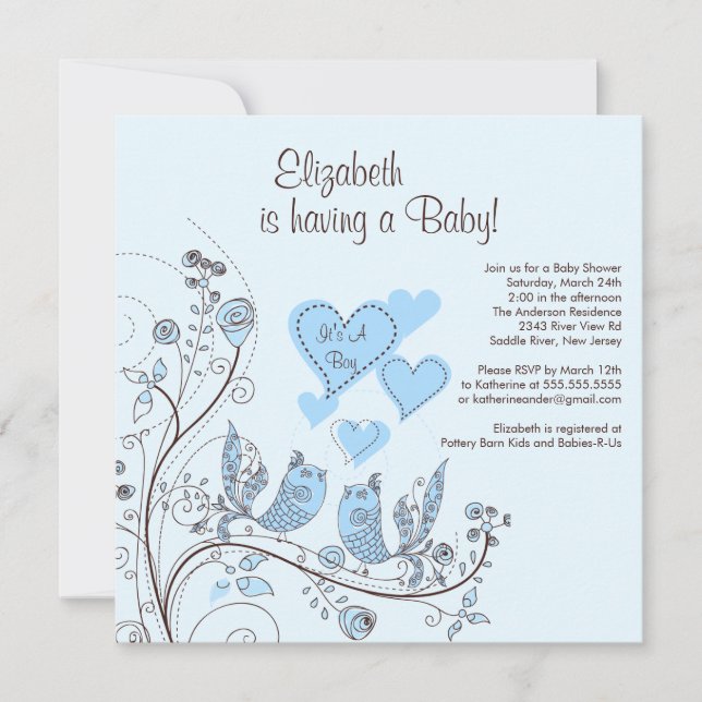Invitation Baby shower de garçon d'oiseaux d'arbre (Devant)