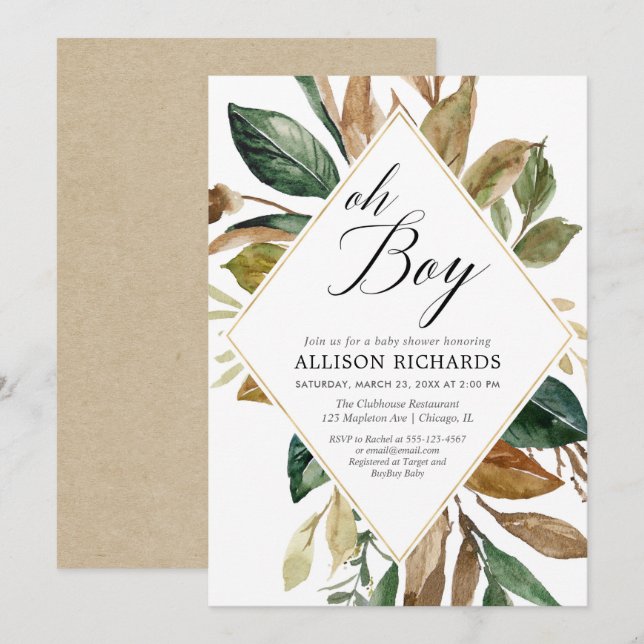 Invitation baby shower de garçon feuillage rustique (Devant / Derrière)