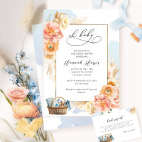 Baby shower de garçon floral bleu et pêche Invitat