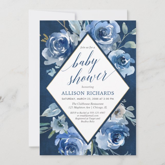 Invitation baby shower de garçon floral bleu marine indigo (Devant)