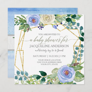 Invitation Baby shower de garçon Géométrique w Bleu n Roses b
