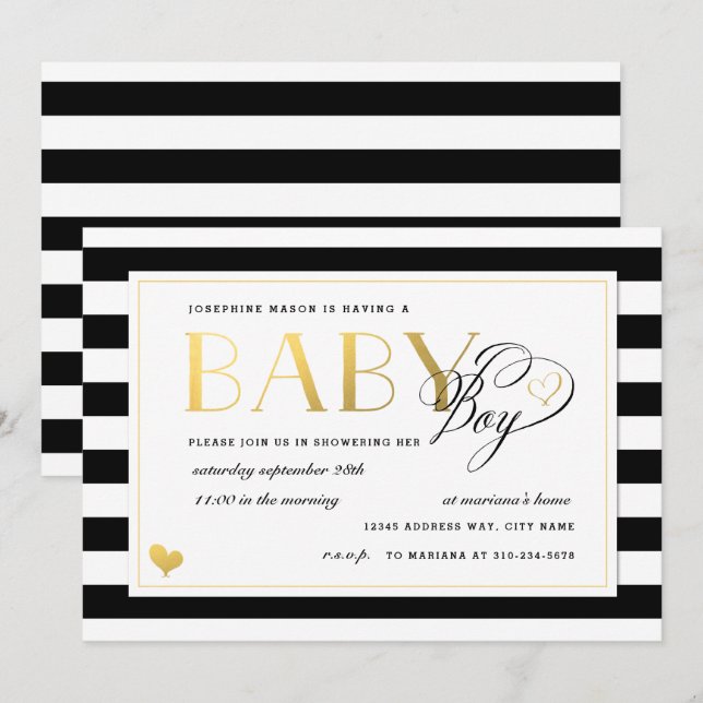 Invitation Baby shower de garçon Gold Faux Black & White (Devant / Derrière)