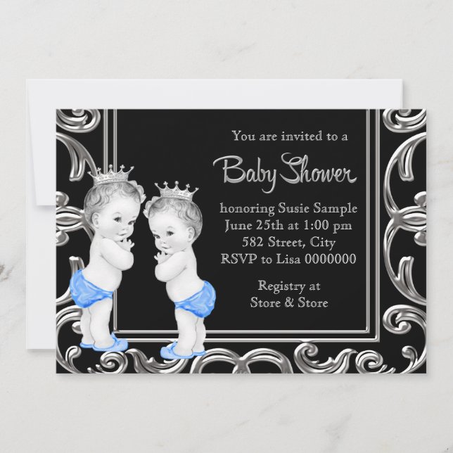 Invitation Baby shower de garçon jumeaux noir, bleu et argent (Devant)