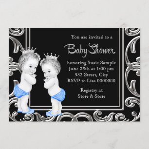 Invitation Baby shower de garçon jumeaux noir, bleu et argent