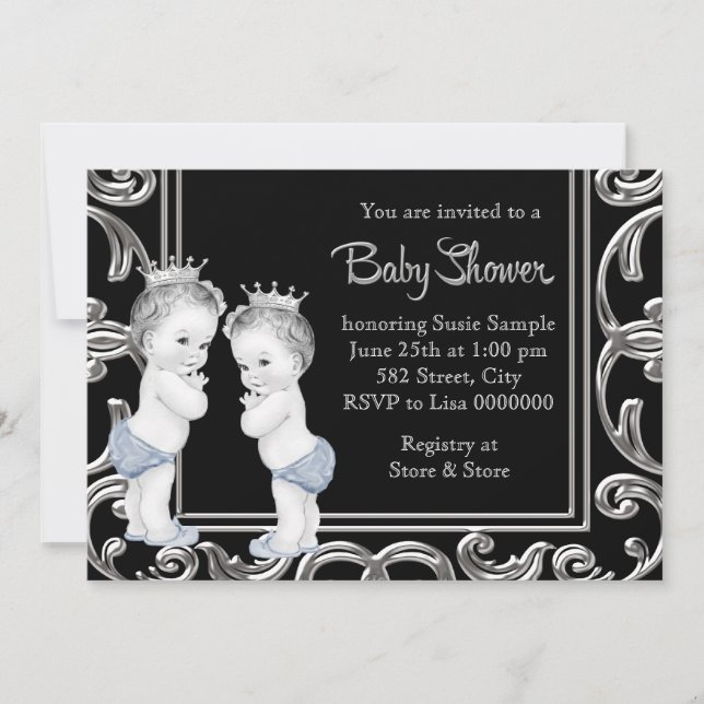 Invitation Baby shower de garçon jumeaux noir, bleu et argent (Devant)