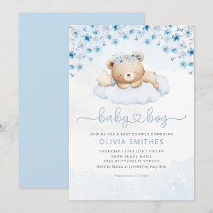 Invitation Baby shower de garçon moderne Blue Boho Teddy Bear