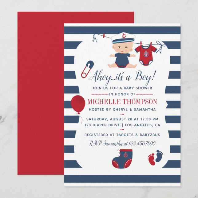 Invitation Baby shower de garçon nautique (Devant / Derrière)