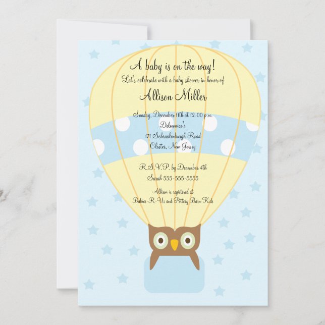 Invitation Baby shower de garçon OWL Ballons à air chaud (Devant)