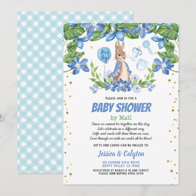 Invitation baby shower de garçon par mail Bunny Rabbit bleu (Devant / Derrière)