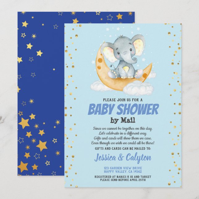 Invitation Baby shower de garçon par mail lune d'éléphant et  (Devant / Derrière)