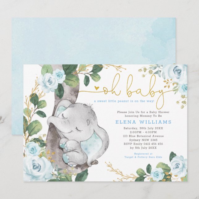 Invitation Baby shower de garçon Rose de la jungle bleu moder (Devant / Derrière)