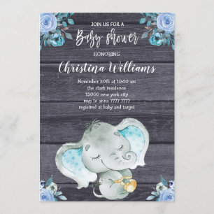 Invitation Baby shower de garçon rustique à éléphant bleu mou