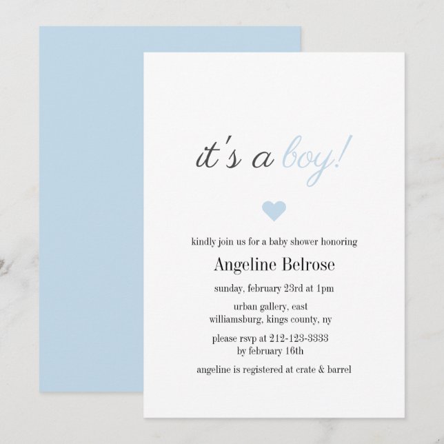 Invitation Baby shower de garçon simple et élégant bleu (Devant / Derrière)