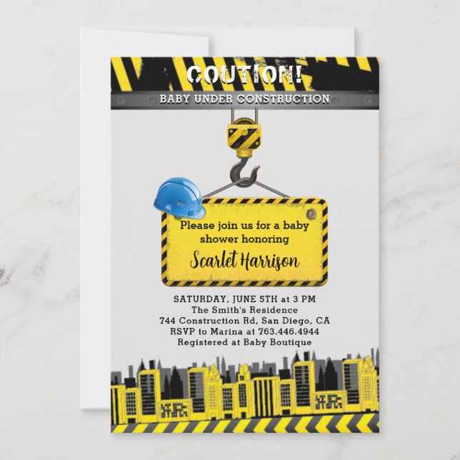 Invitation Baby shower de garçons en construction (Devant)