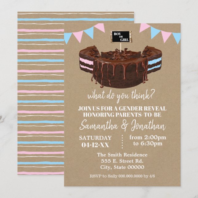 Invitation Baby shower de gâteau bleu ou rose Revela Genre (Devant / Derrière)