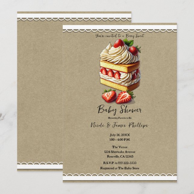 Invitation Baby shower de gâteau de la fraise (Devant / Derrière)