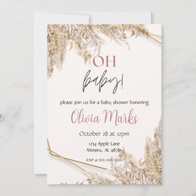 Invitation Baby shower de gazon Pampas | Boho neutre rustique (Devant)
