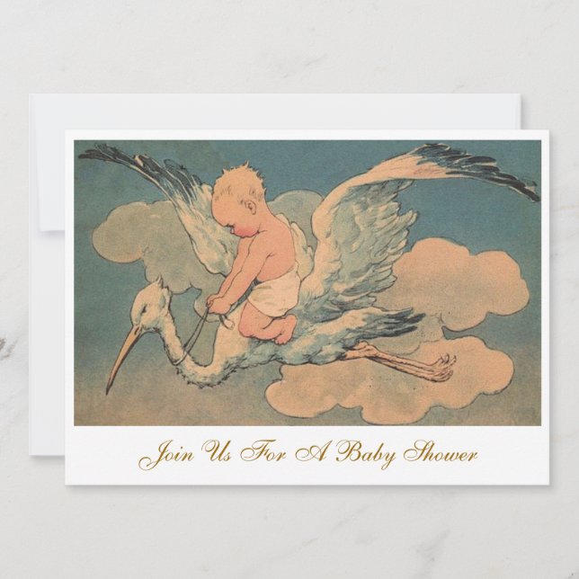 Invitation Baby shower de genre élégant pour une cigogne Vint (Devant)