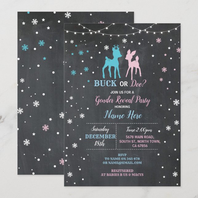 Invitation Baby shower de genre Révéler le bleu rose Buck ou  (Devant / Derrière)