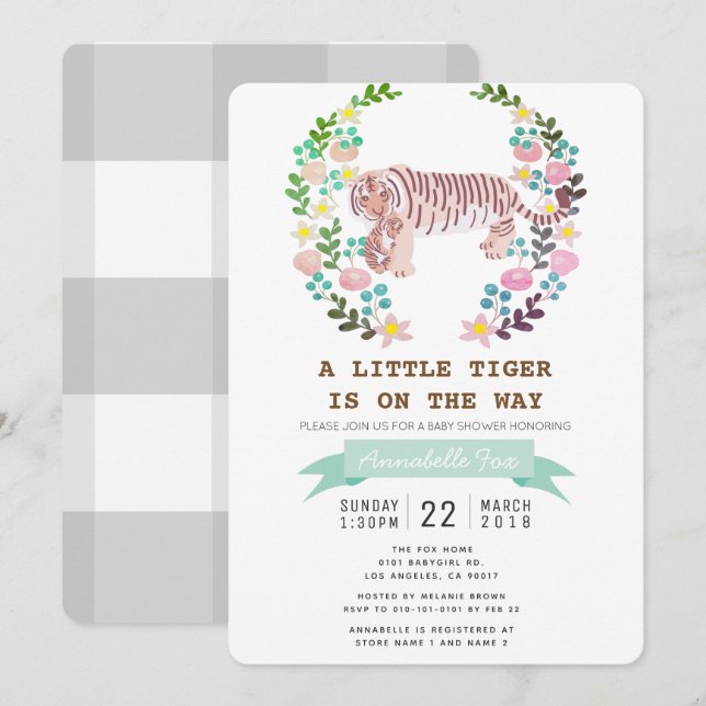 Invitation Baby shower de germes floraux de Tiger  (Devant / Derrière)