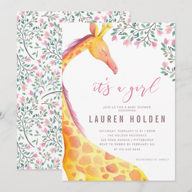 Invitation Baby shower de girafe Aquarelle (Devant / Derrière)