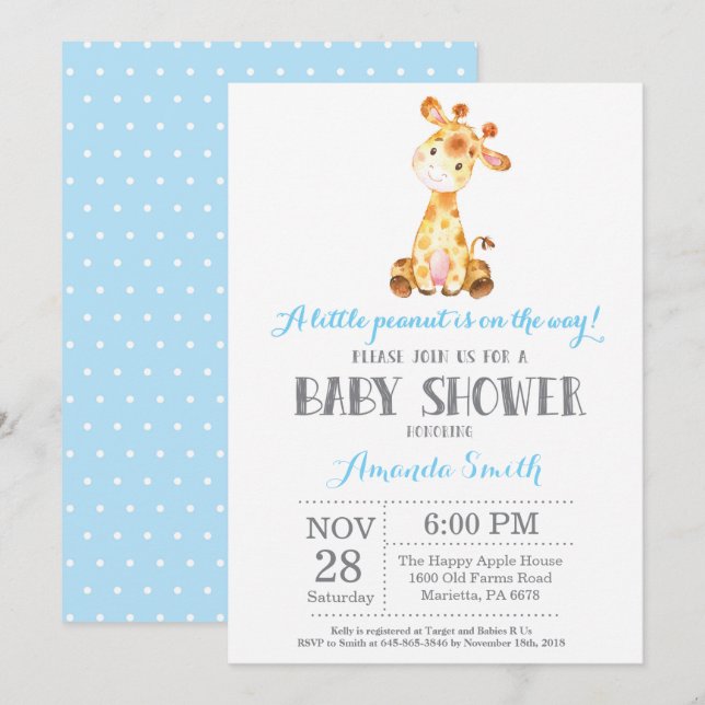 Invitation Baby shower de Girafe Bleu et gris (Devant / Derrière)