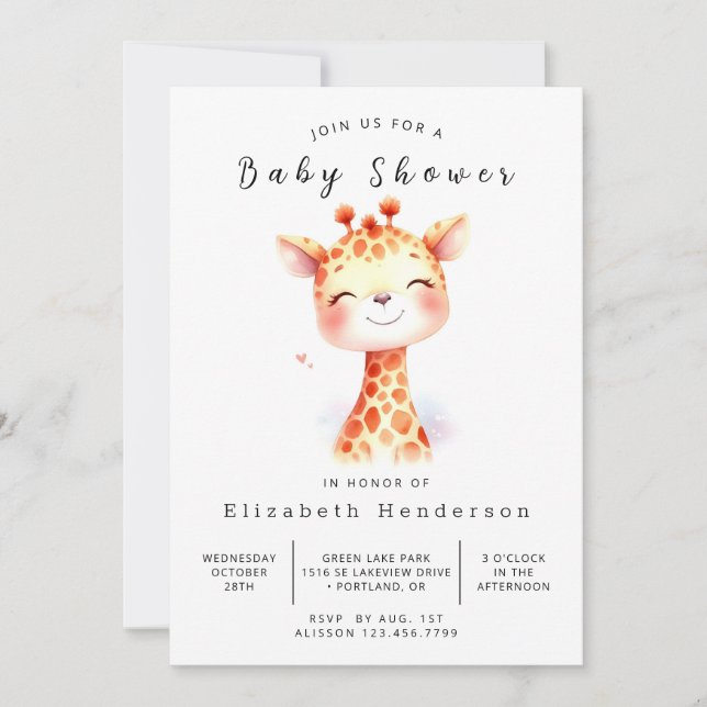 Invitation Baby shower de girafe modifiable Whimsical (Devant)