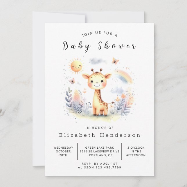 Invitation Baby shower de girafe personnalisé élégant (Devant)