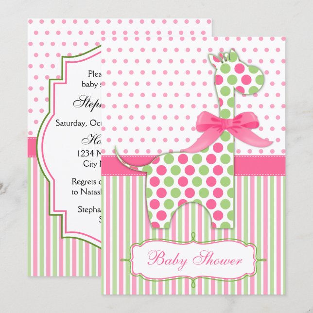 Invitation Baby shower de girafe rose et verte (Devant / Derrière)