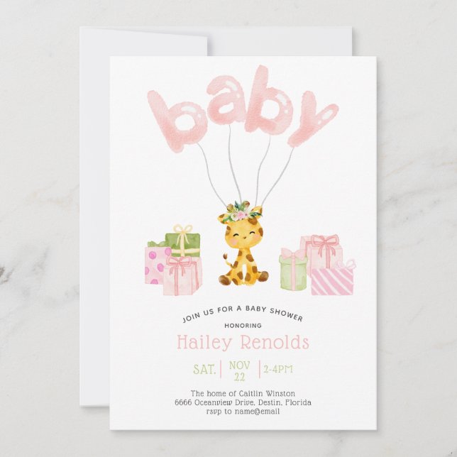 Invitation Baby shower de girafe rose Safari Jungle (Devant)
