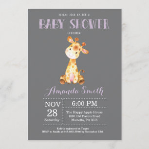 Invitation Baby shower de girafe violet et gris
