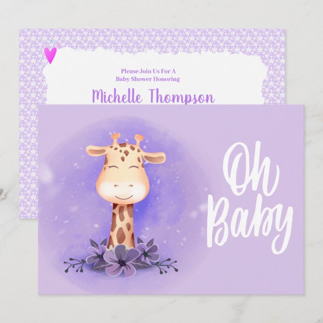 Invitation Baby shower de Giraffe mignonne violet (Devant / Derrière)