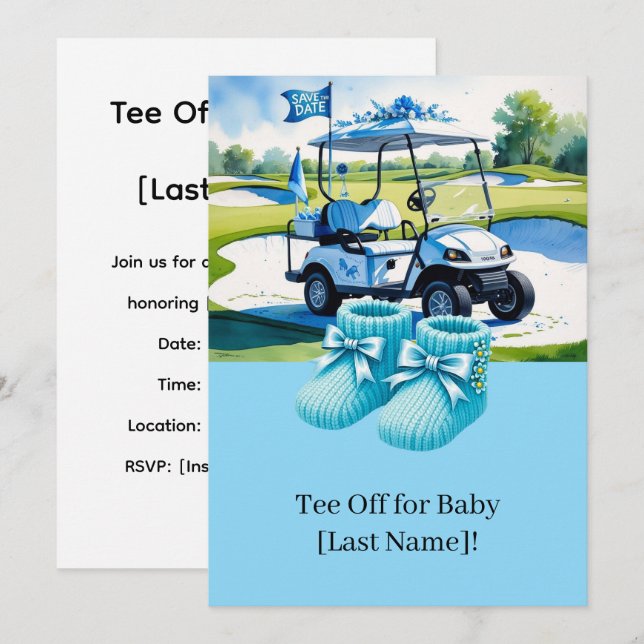Invitation Baby shower de golf pour garçon avec voiturette de (Devant / Derrière)