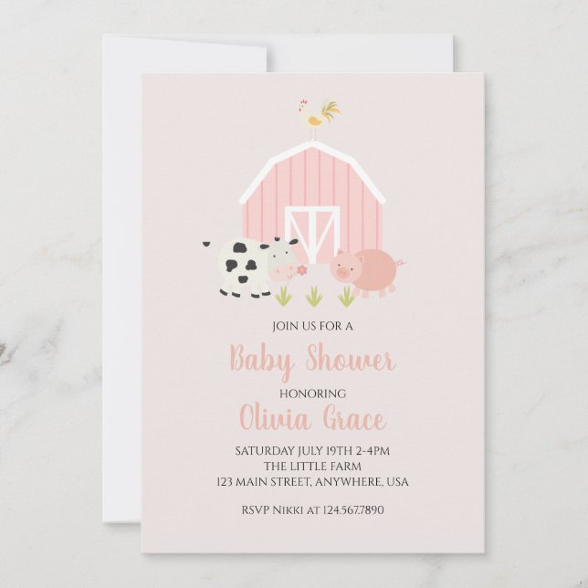 Invitation Baby shower de grange rose d'élevage (Devant)