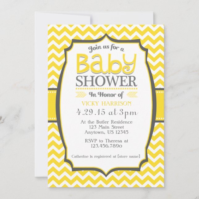 Invitation Baby shower de gris jaune Chevron (Devant)
