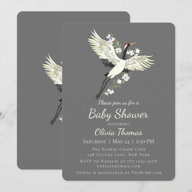 Invitation Baby shower de grue oriental chic (Devant / Derrière)