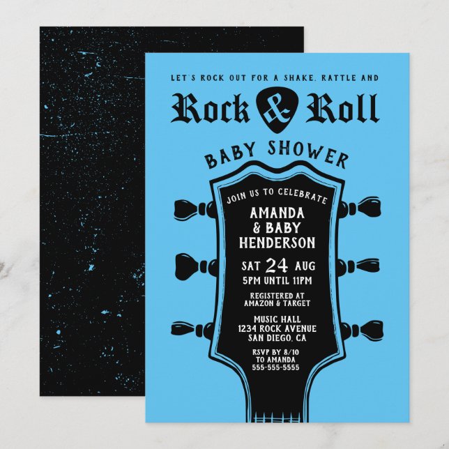 Invitation Baby shower de guitare Baby Blue Rock et Roll (Devant / Derrière)