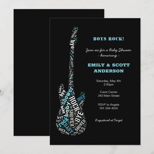 Invitation Baby shower de guitare Rock-a-bye (Devant / Derrière)