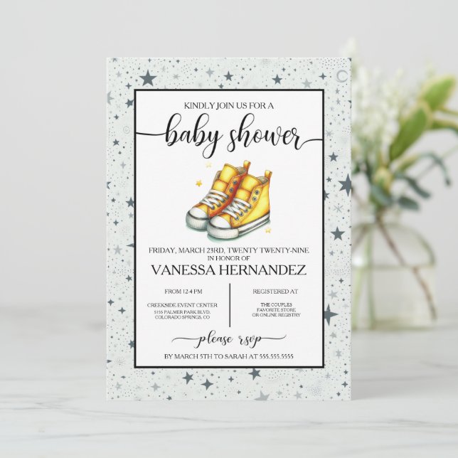 Invitation Baby shower de haut-de-haut bébé jaune (Debout devant)