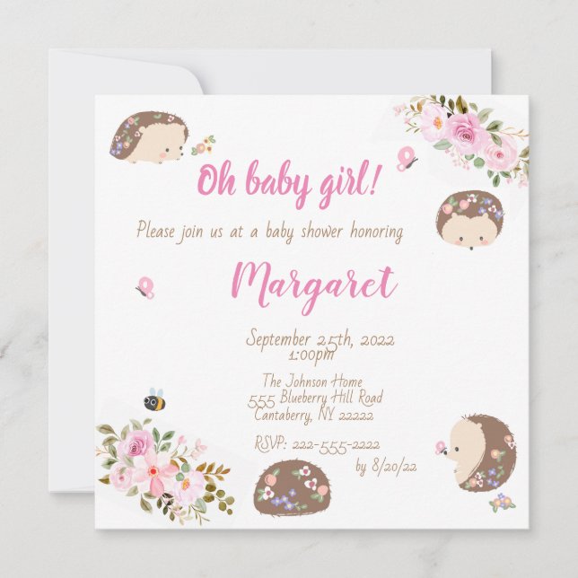 Invitation Baby shower de hérisson pour bébé fille (Devant)